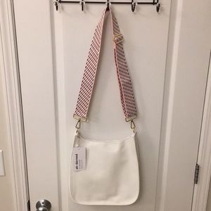 White Boho Vegan Leather Crossbody with Embroidered Strap